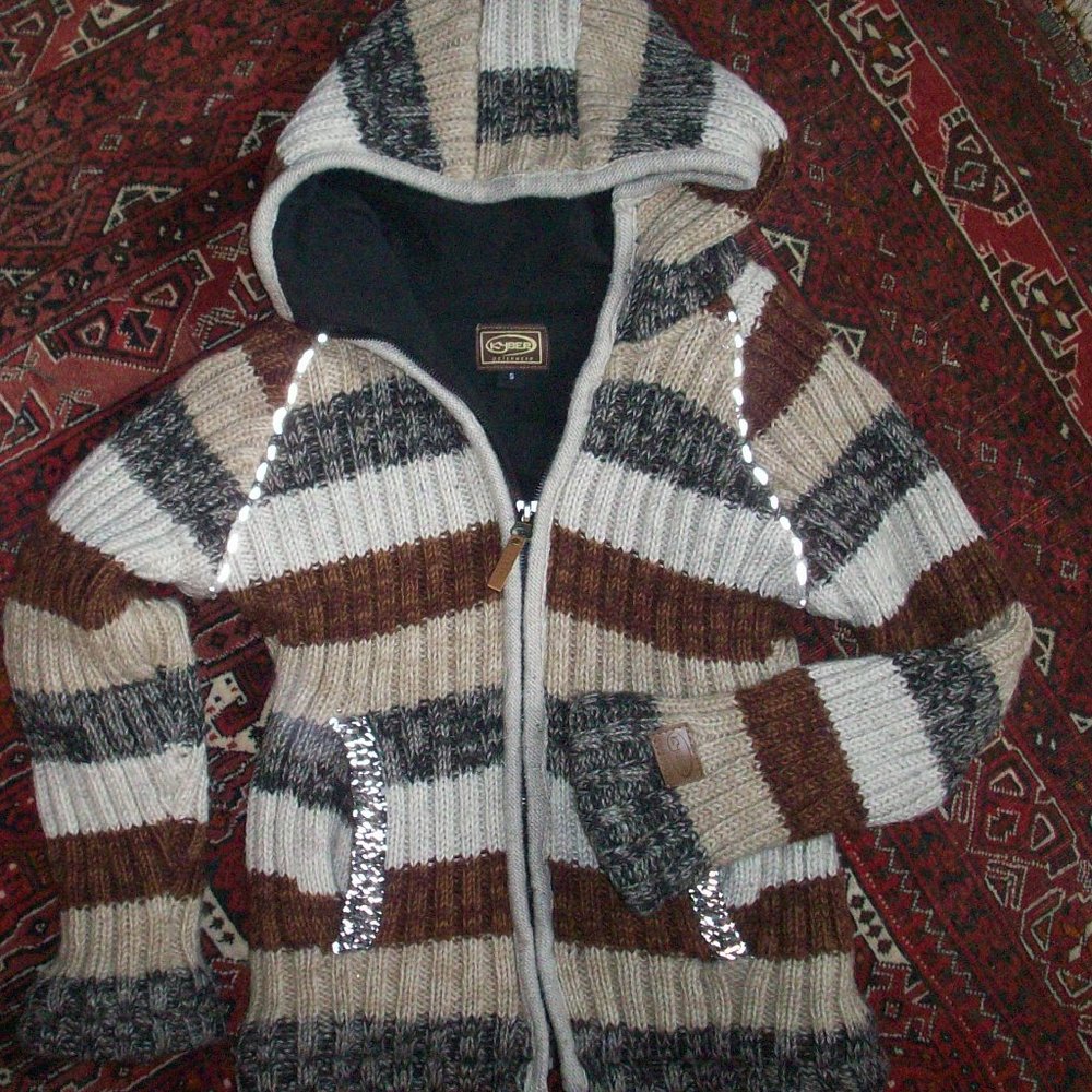 Kyber Outerwear Brown Stripe Sweater Hoodie Zip Wool NEPAL Lined Small